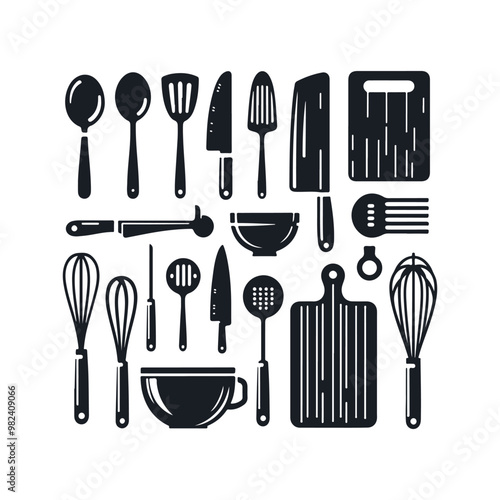 Set of kitchen utensils silhouette vector art illustration on a white background