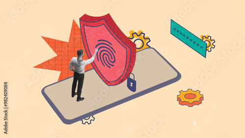 Man standing in front of giant smartphone with shield and interacting with fingerprint. Biometric security and access. Contemporary art collage. Concept of cybersecurity, business, modern technologies photo