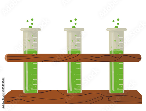 A wooden rack holds three test tubes filled with a green liquid. biological concept