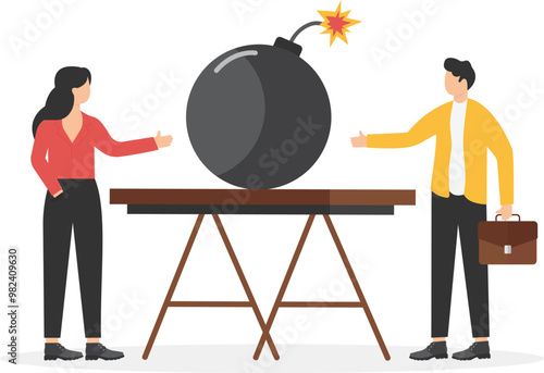 Negotiations and Threats, Unfair Competition, Difficult Relationships, Tense Relationships Negotiations or Conversations, Businessman and Businesswoman Sitting at a Table with a Bomb, Conversations

