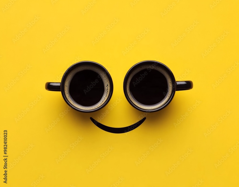 Two coffee cups form a playful smiley face on a vibrant yellow background, capturing a sense of joy and creativity. Two coffee cups form a playful smiley face on a vibrant yellow background, capturing a sense of joy and creativity.