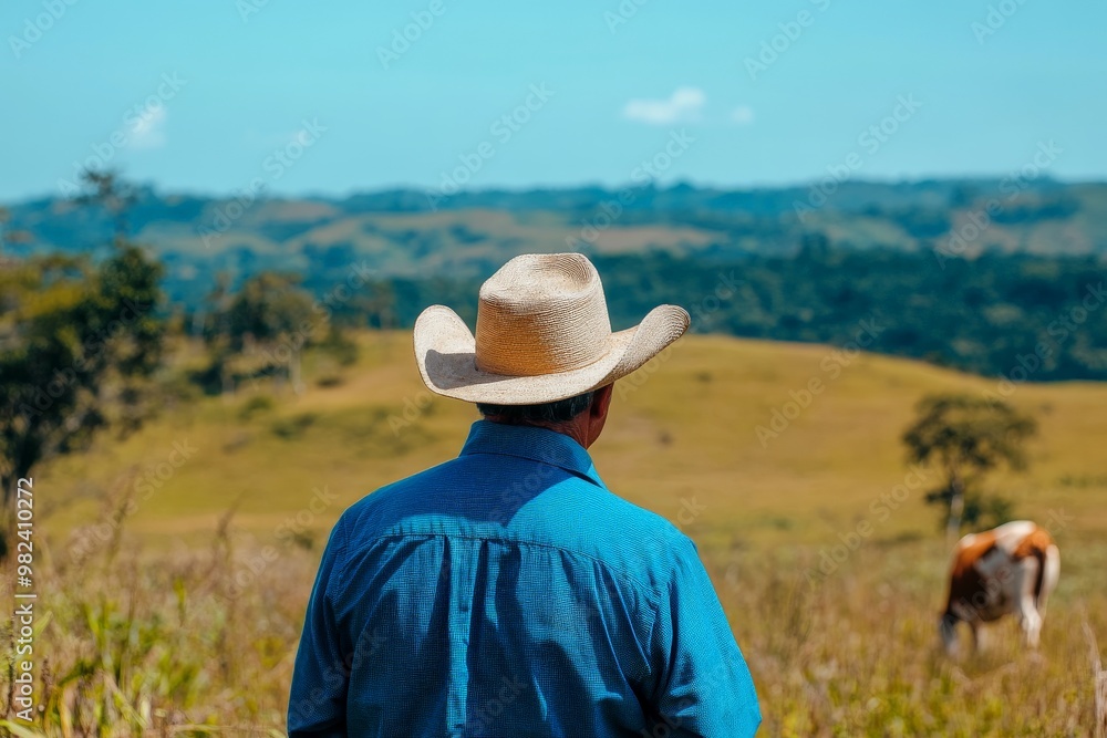 Rural farmer observing grazing cattle in scenic countryside landscape Rural farmer observing grazing cattle in scenic countryside landscape