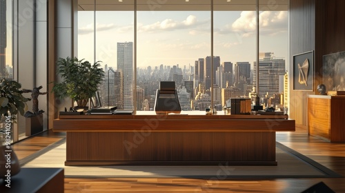 3D Render of Luxury Executive Office with Panoramic Skyline View and Large Wooden Desk photo