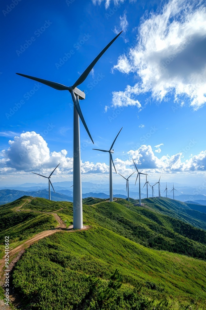 A wind farm on a hillside, with turbines generating clean energy, representing the shift towards renewable energy in environmental conservation A wind farm on a hillside, with turbines generating clean energy, representing the shift towards renewable energy in environmental conservation
