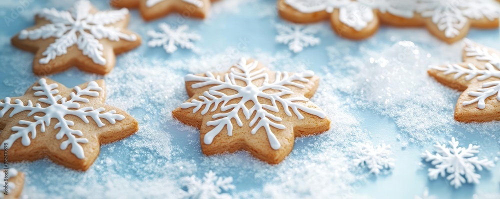 Delicious snowflake-shaped gingerbread cookies decorated with white icing on a snowy background, perfect for festive occasions. Delicious snowflake-shaped gingerbread cookies decorated with white icing on a snowy background, perfect for festive occasions.