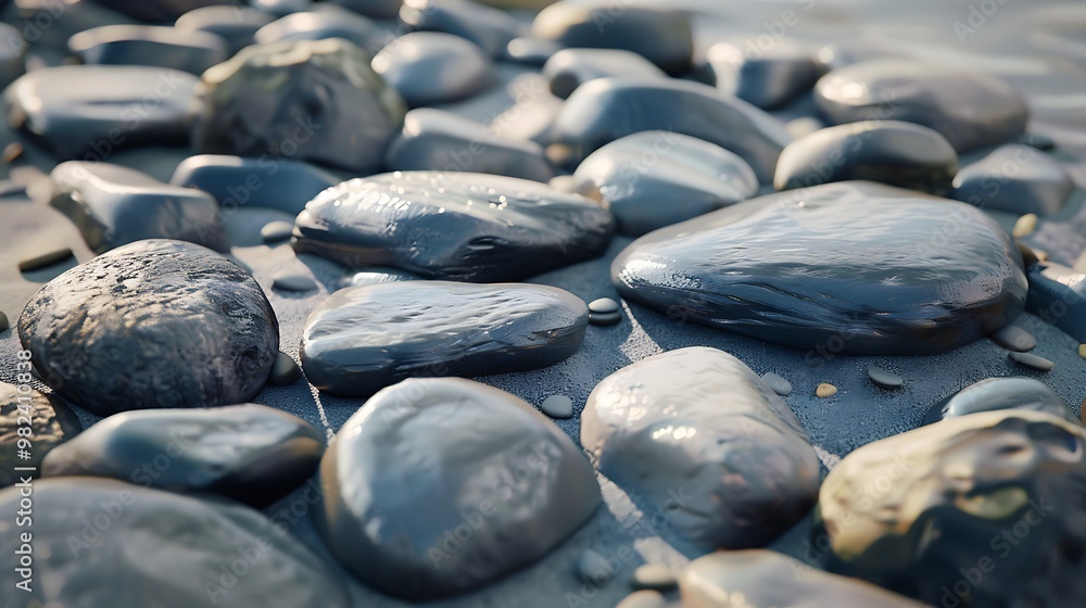 Polished gray stones scattered across a smaller Polished gray stones scattered across a smaller
