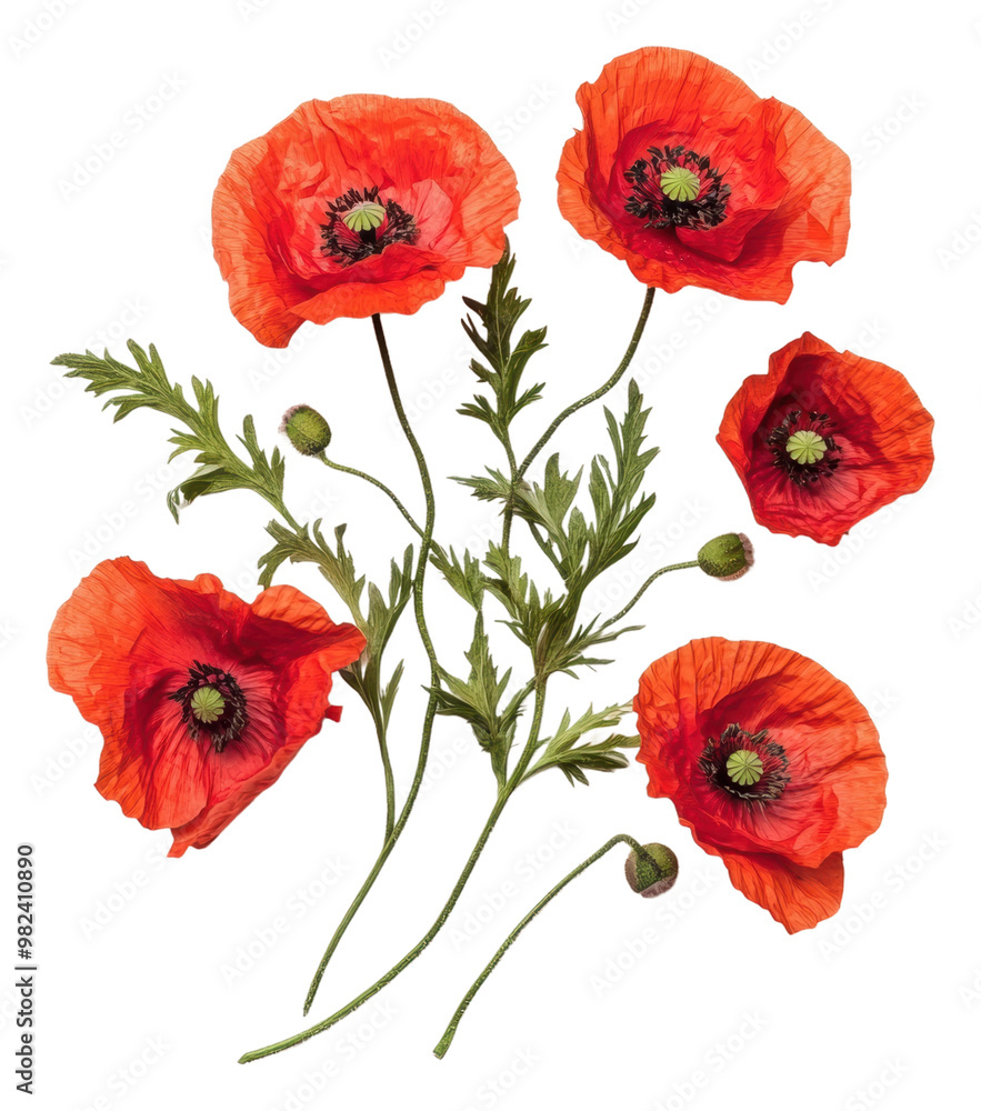 Naklejka premium PNG Bright red poppies arranged with green leaves