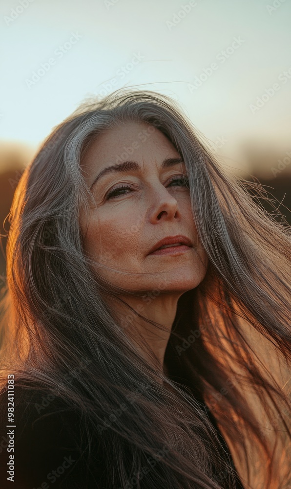 Fototapeta premium Portrait of mature woman with long hair in sunset lighting.