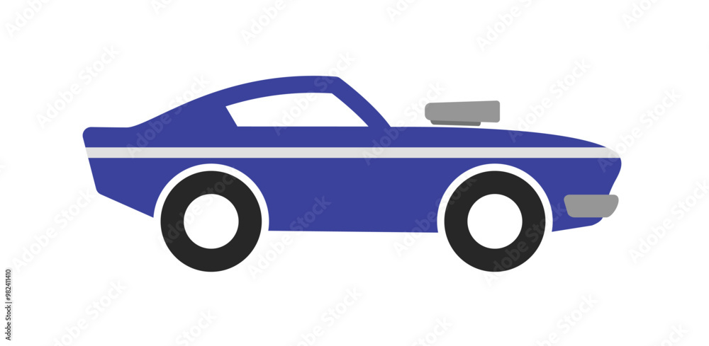simple classic blue muscle car with racing stripe side view symbol icon transparent background