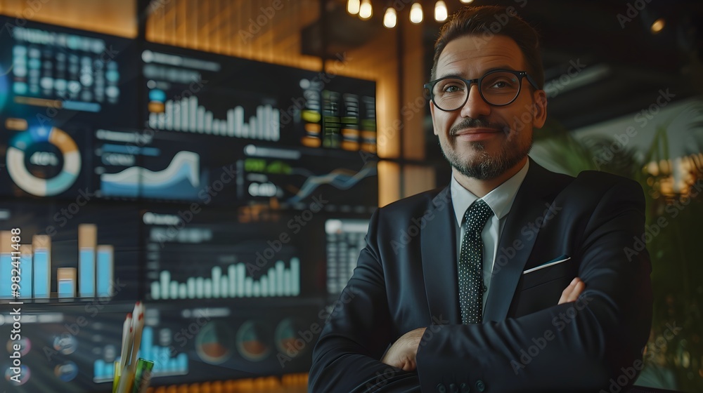 AI Driven Business Leader Analyzing Market Trends and Data in Smart Office Environment AI Driven Business Leader Analyzing Market Trends and Data in Smart Office Environment