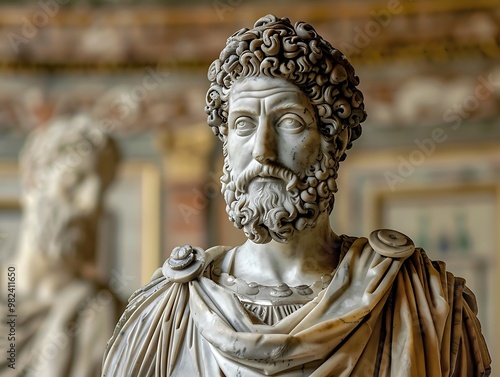 A detailed sculpture of a Roman emperor with curly hair and a beard, showcasing intricate artistic craftsmanship.