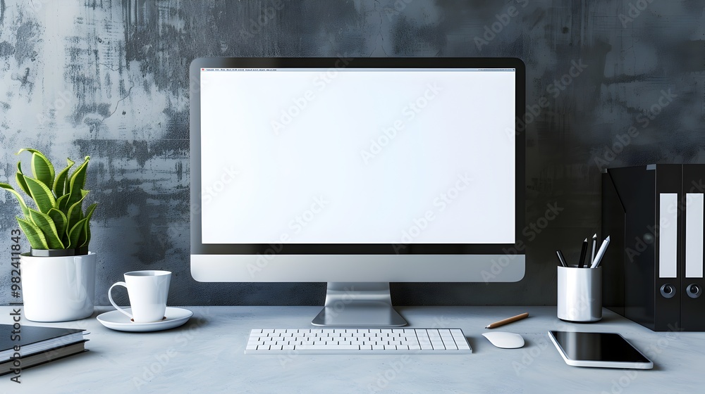 Fototapeta premium Modern Office Workspace with Blank Computer Screen and Office Supplies on Clean Desk