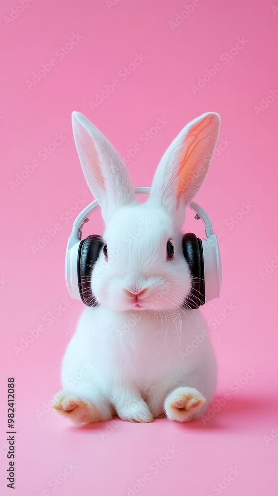 Cute white rabbit wearing headphones with pastel pink background, music party concept. Copy space. Cute white rabbit wearing headphones with pastel pink background, music party concept. Copy space.