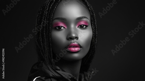 black and white portrait of African woman, with only her eye shadow bright pink, long hair, wearing black athletic jacket photo