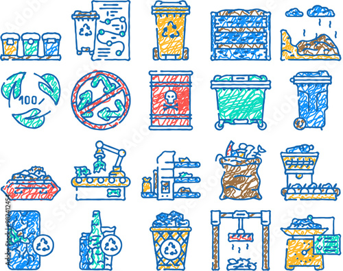waste sorting garbage plastic doodle icons set vector. sketch line art recycle trash, can glass, metal paper, container bottle, food reuse waste sorting garbage plastic color illustrations