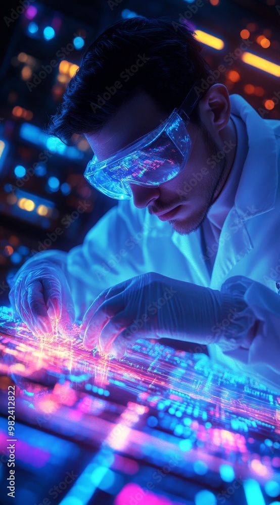 Scientist analyzing futuristic circuit board with advanced technology in laboratory Scientist analyzing futuristic circuit board with advanced technology in laboratory