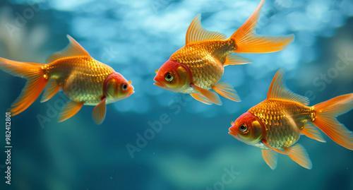 Three goldfish can be seen gracefully swimming in a tank filled with water, enjoying their time in a comfortable aquatic environment