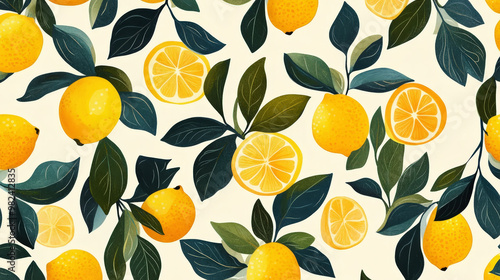 Trendy watercolor lemon pattern. Minimalistic. Rich green and yellow. Light background. Wallpaper. Generative AI