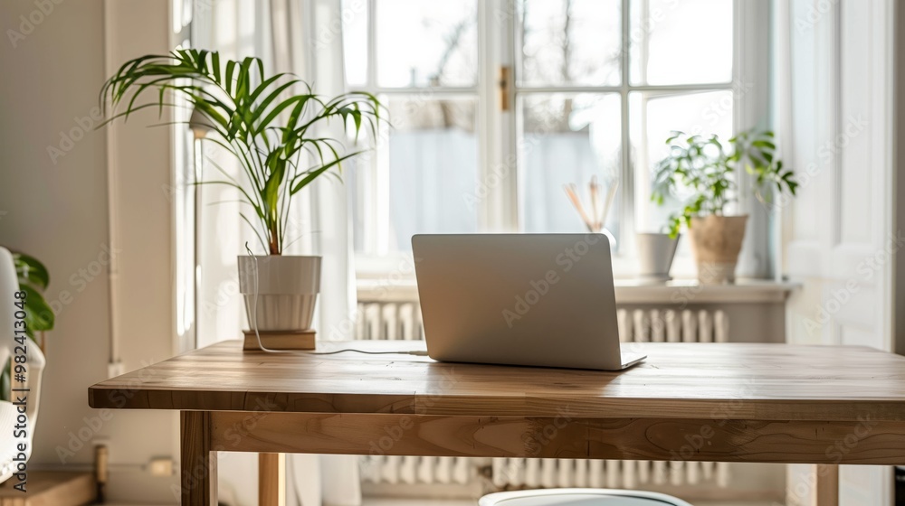 Fototapeta premium Modern Home Office Setup with Laptop and Indoor Plants in Sunlit Room, Minimalist Workspace for Productivity