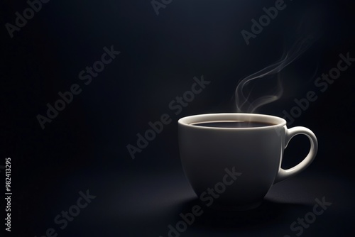 Minimalist coffee cup design with smoke on black background, time for coffee.