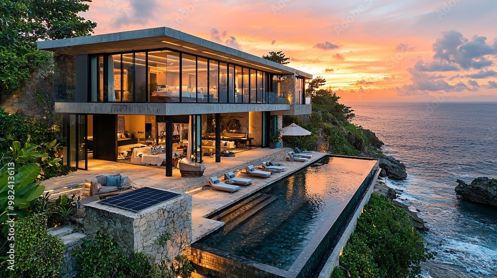 Fototapeta premium A luxurious beachfront property with solar panels and a panoramic ocean view, blending modern design with nature