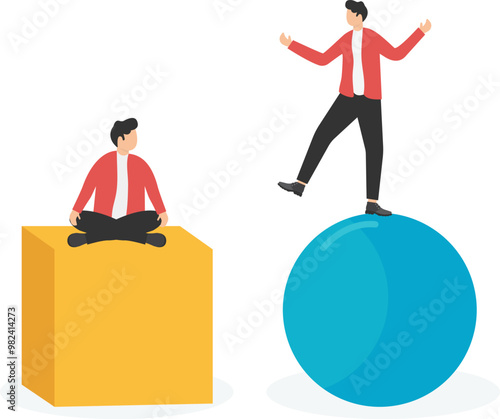 Volatility versus stability, risk and uncertainty, one group of businessmen sitting cross-legged on a stable cube, another group of businessmen on a sphere unable to maintain balance

