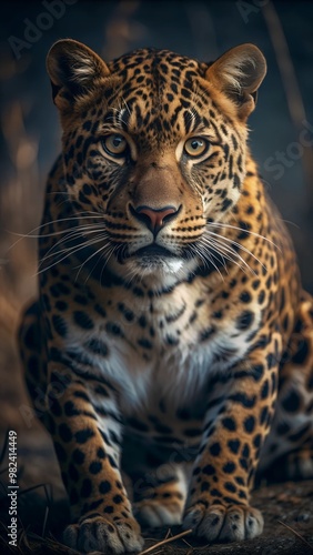 Portrait of a leopard in the wild with piercing yellow eyes photo