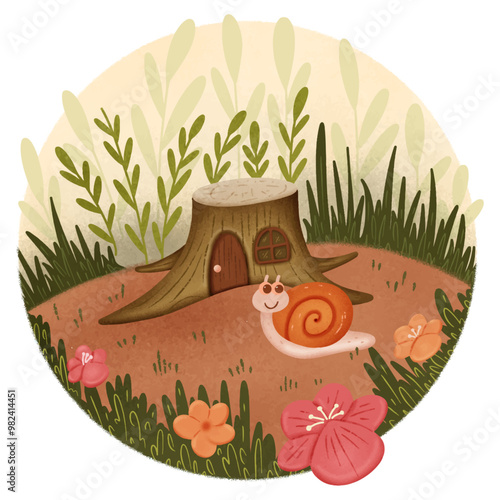 tree stump house and snail illustration vector design