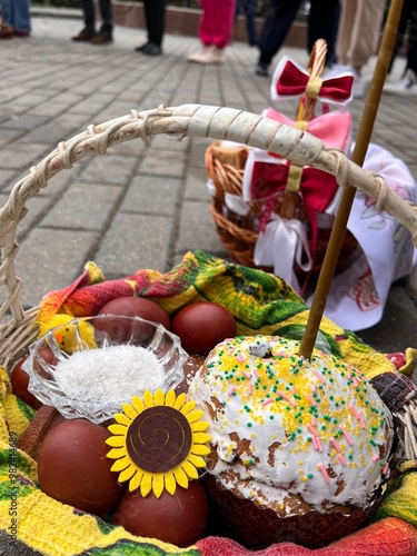 easter basket with decorated colored eggs salt bread paskha and candle for lighting in church authentic vertical lifestyle photo