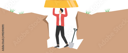 Digging up treasure, good investment opportunities, discovering ways to make money, unexpected riches, businessman digs up a box of treasure in a cliff

