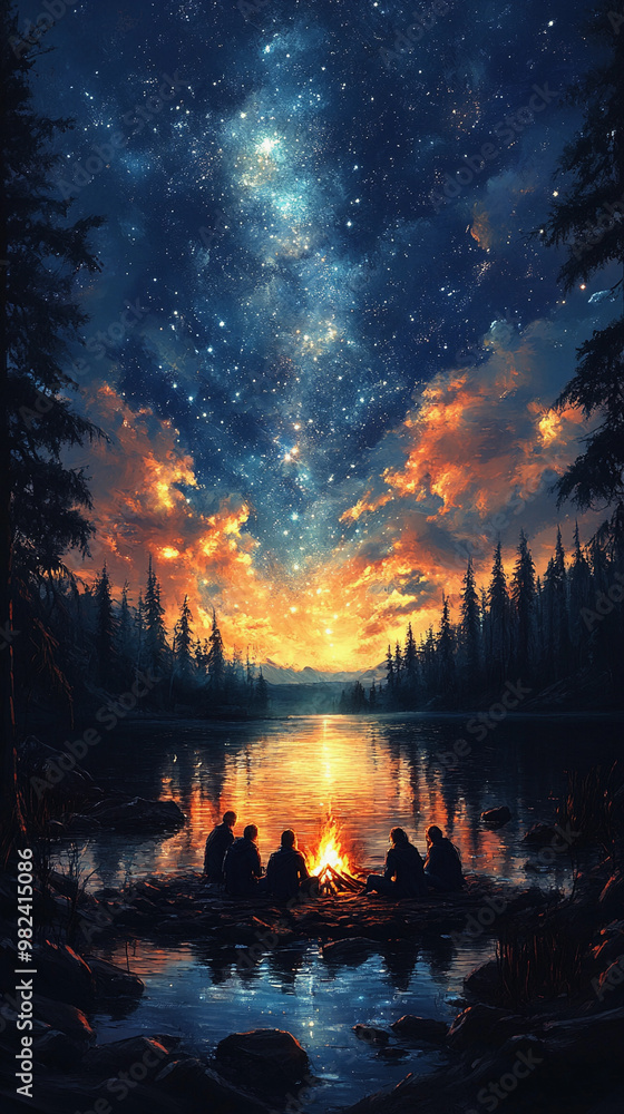 Group enjoying a campfire by a serene lake under starry sky, vertical collage wallpaper Group enjoying a campfire by a serene lake under starry sky, vertical collage wallpaper