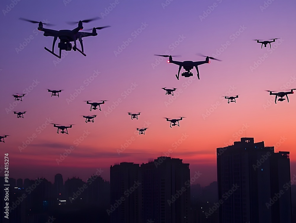 Dawn of the Drones: An Aerial Armada Ascends in Amber Ambience. Dawn of the Drones: An Aerial Armada Ascends in Amber Ambience.