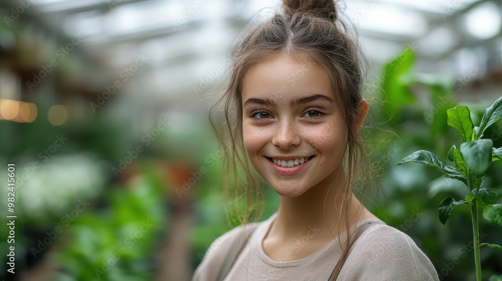 Young girl smiling confidently in a greenhouse filled with green plants, natural light highlighting a serene and eco-friendly environment, connection with nature Young girl smiling confidently in a greenhouse filled with green plants, natural light highlighting a serene and eco-friendly environment, connection with nature