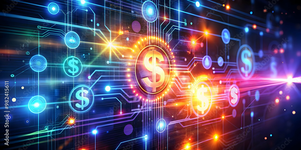Obraz premium Glowing Abstract Digital Art Representing Payment Innovations: Vibrant Colors & Light Effects for Fintech and Financial Technology Content