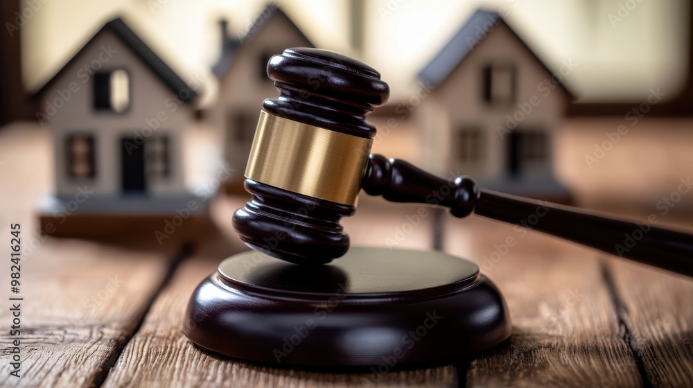 Gavel on wooden desk in courtroom with model houses, legal decision, real estate law, property auction, home dispute, justice system Gavel on wooden desk in courtroom with model houses, legal decision, real estate law, property auction, home dispute, justice system