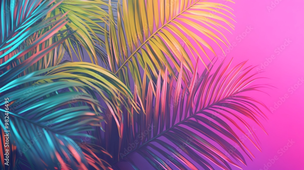 Palm leaves with a neon light effect in pink and blue. Palm leaves with a neon light effect in pink and blue.
