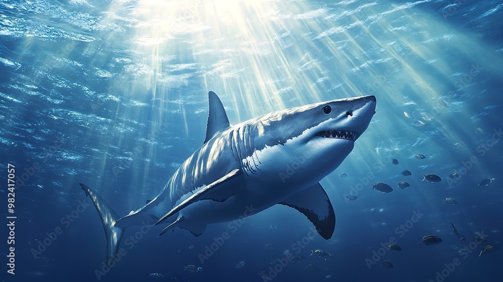 Fototapeta premium A large great white shark swims through the blue ocean water, with a school of fish swimming nearby. Sunlight streams down through the water, creating a dramatic scene.