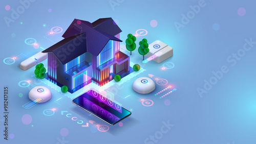 Phone app control Smart home. Smart home technology of house automation system. House standing around phone, wireless connections devices. IOT. Smart home system isometric concept. Internet of things.