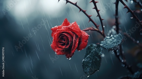 A solitary red rose, dripping with rain, surrounded by harsh thorny branches, representing beauty in a hostile environment photo