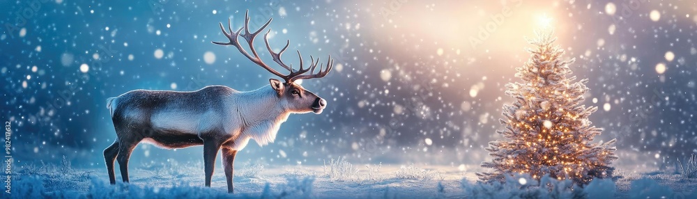 A majestic reindeer standing in a snowy landscape beside a sparkling Christmas tree, evoking a magical winter wonderland. A majestic reindeer standing in a snowy landscape beside a sparkling Christmas tree, evoking a magical winter wonderland.
