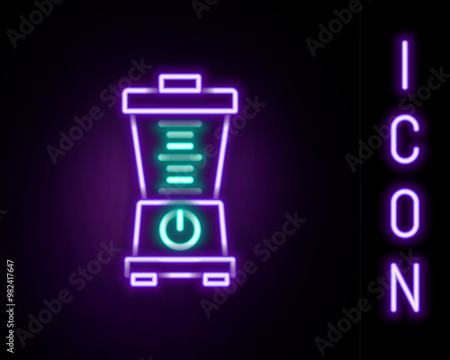 Glowing neon line Blender icon isolated on black background. Kitchen electric stationary blender with bowl. Cooking smoothies, cocktail or juice. Colorful outline concept. Vector