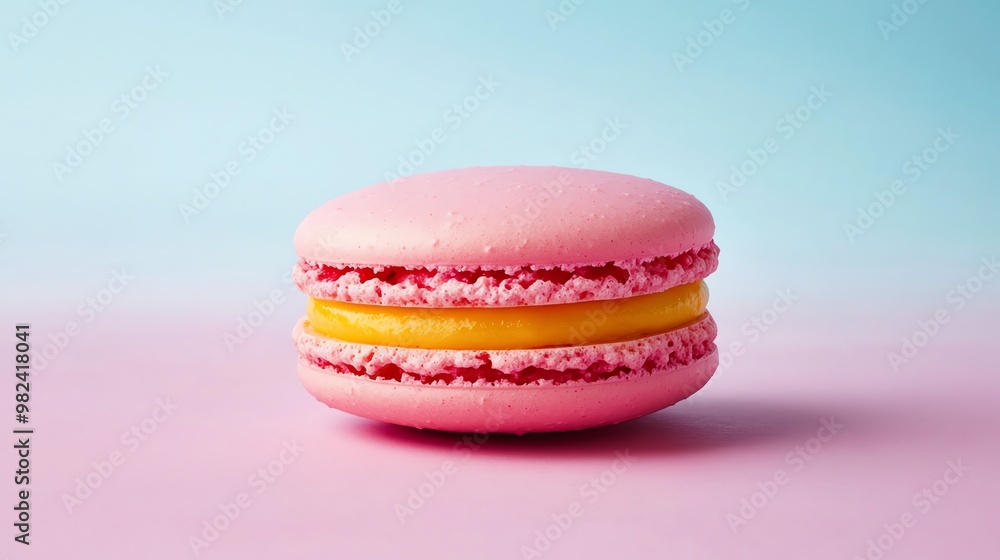 A single pink macaron with a yellow filling on a pink and blue background. A single pink macaron with a yellow filling on a pink and blue background.