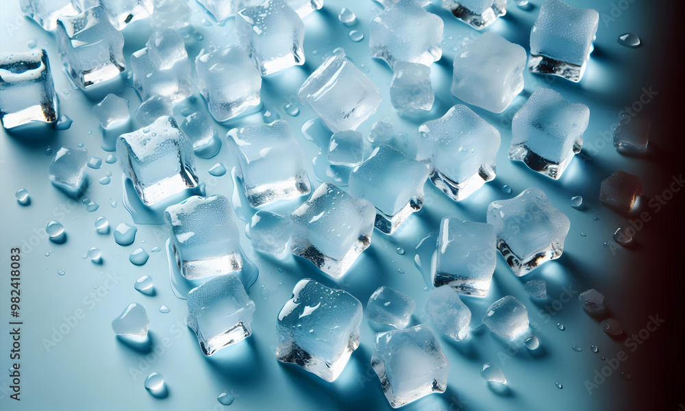 Fototapeta premium Eiswürfel auf hellblauem Hintergrund, copy space