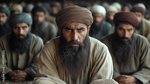 Group of serious arabian pakistani extremist men with beards and traditional clothing