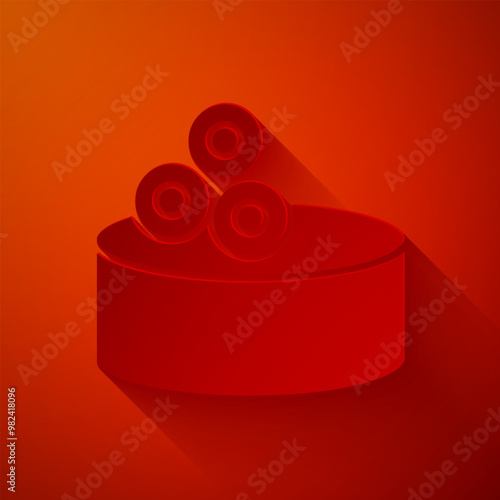 Paper cut Tin can with caviar icon isolated on red background. Paper art style. Vector.