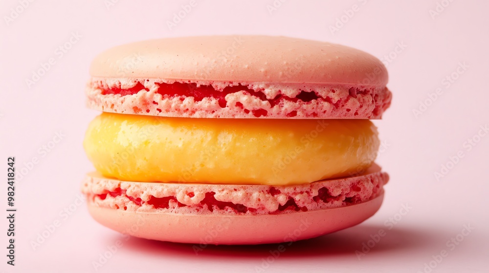 A single pink macaron with a yellow filling on a pink background. A single pink macaron with a yellow filling on a pink background.