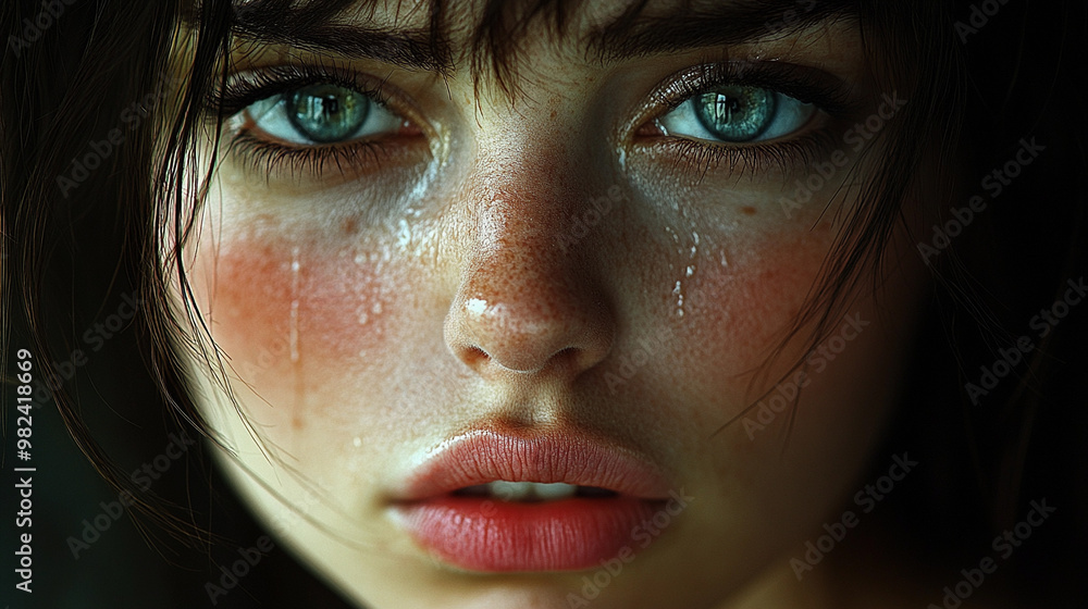 Close-up of a woman with tears and expressive blue eyes Close-up of a woman with tears and expressive blue eyes