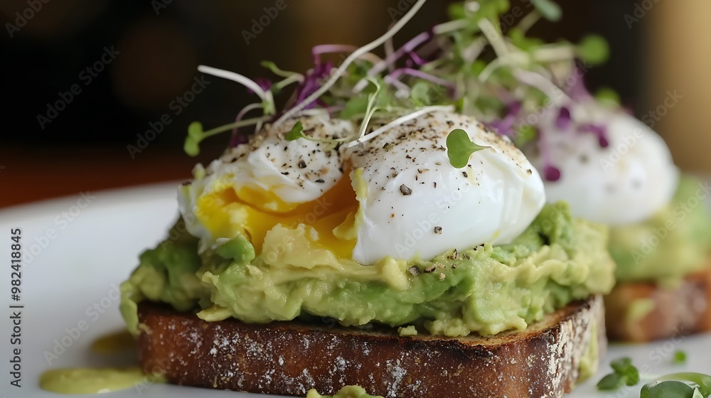 Close-up of avocado toast layered with poached eggs and garnished with microgreens, capturing the essence of a wholesome, nutrient-packed breakfast for health-conscious individuals Close-up of avocado toast layered with poached eggs and garnished with microgreens, capturing the essence of a wholesome, nutrient-packed breakfast for health-conscious individuals