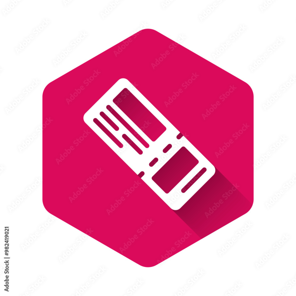 White Airline ticket icon isolated with long shadow background. Plane ticket. Pink hexagon button. Vector White Airline ticket icon isolated with long shadow background. Plane ticket. Pink hexagon button. Vector