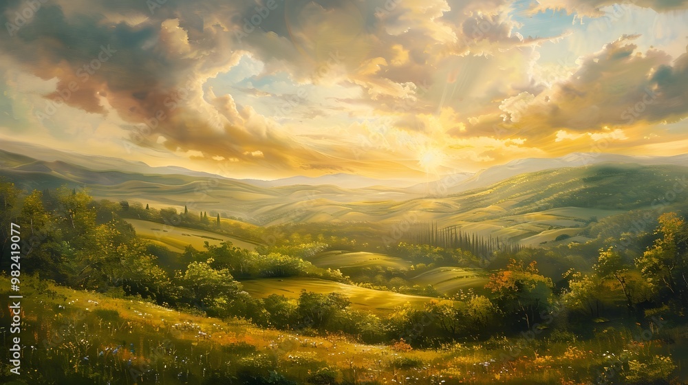Serene Countryside Landscape with Rolling Hills and Setting Sun Oil Painting Style Artwork Serene Countryside Landscape with Rolling Hills and Setting Sun Oil Painting Style Artwork